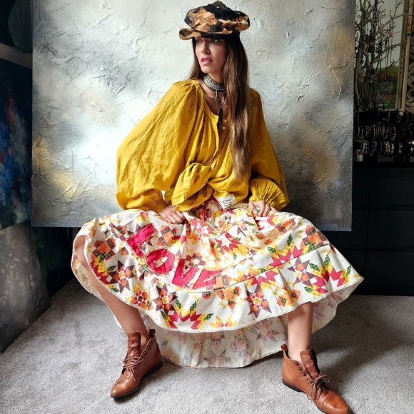 LOVE Applique Maxi Skirt Upcycle Patchwork  Vintage Quiltwork Print Upcycled - Picture 1 of 15